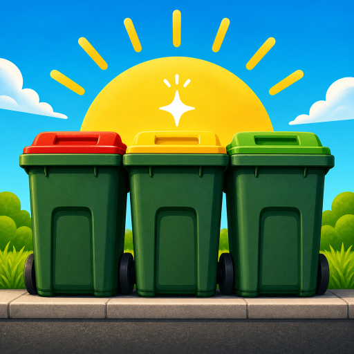 Three bins under a bright sun